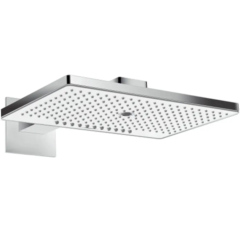 Shower head in a square design with a chrome finish and multiple spray options, mounted on a wall with a sturdy arm. Produced by Hansgrohe.
